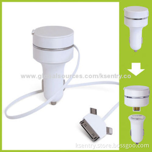 2014 Newest Design High-quality Mini USB Car Chargers with 3-in-1 Retractable Cable